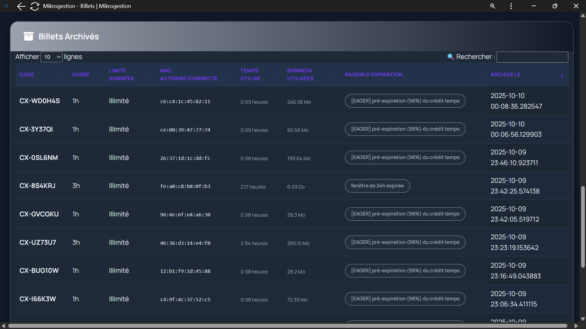 Historique tickets Mikrogestion